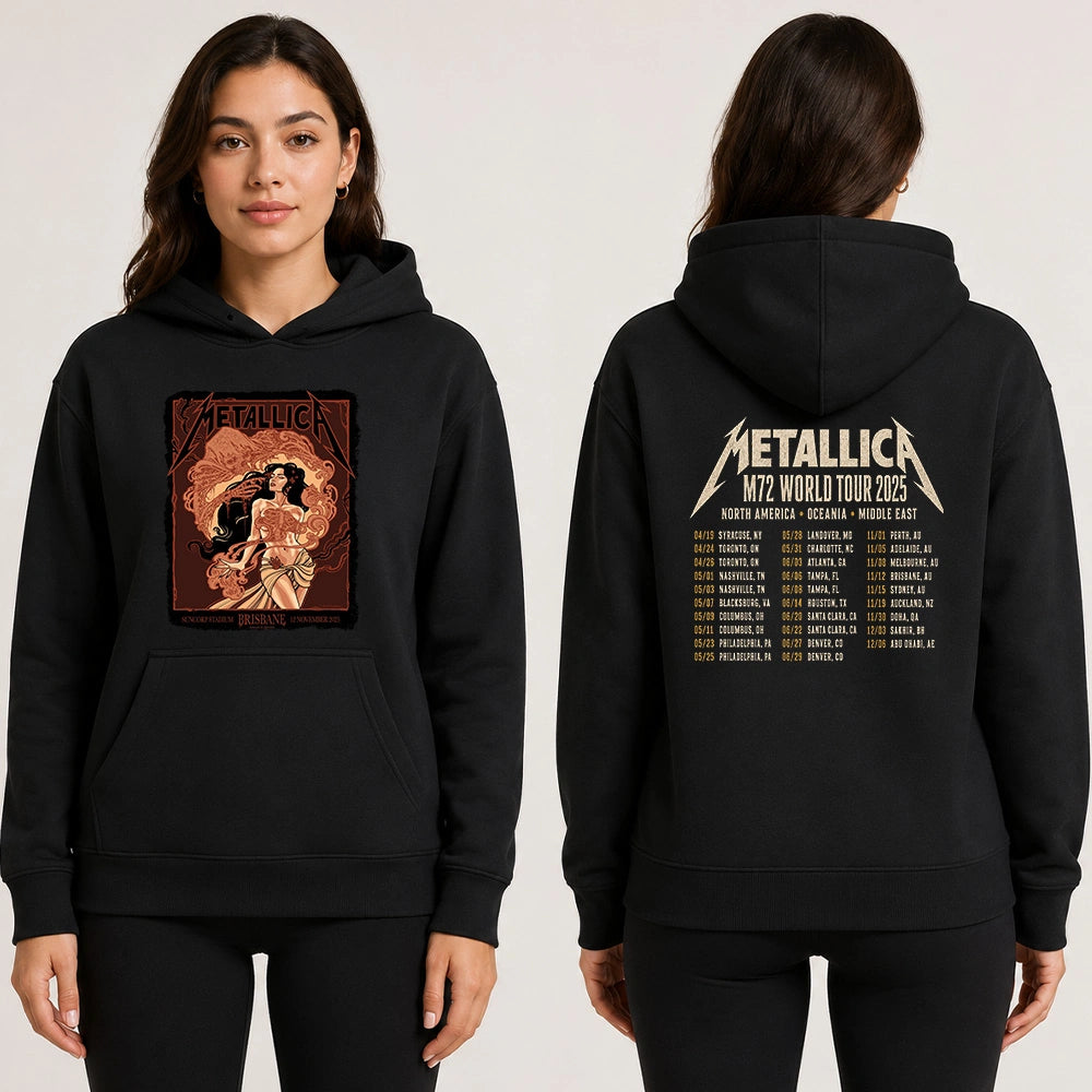 Metallica M72 World Tour November 12 2025 Suncorp Stadium Brisbane Australia 2 side T-shirt by Teniele Sadd featuring a gothic female figure, skeletal hand, ribcage detail, skull-like creature, ornate smoke forms and M72 tour back print.